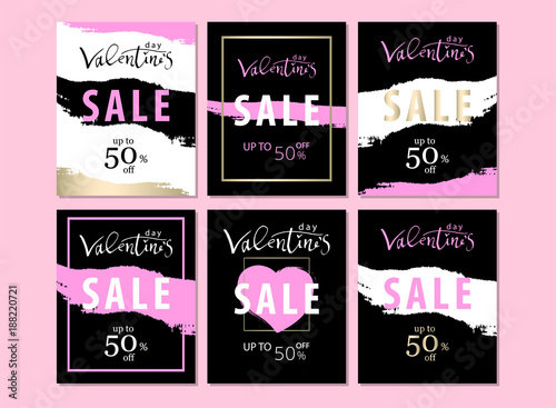 Set of Trendy Chic Valentine s day Sale cards or banners. Vector. Artistic background for advertising, blog, wedding, anniversary, greeting card, birthday, invitation, social media.