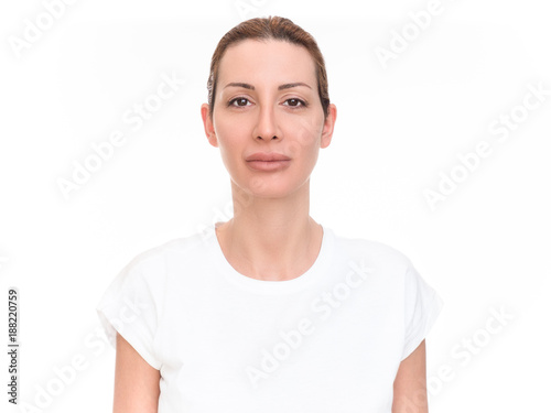 Beautiful woman with fresh healthy skin. Isolated portrait on white background.