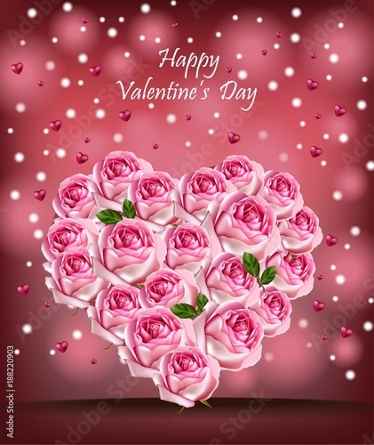 Pink roses heart Vector realistic. Happy Valentine day card with flowers decor