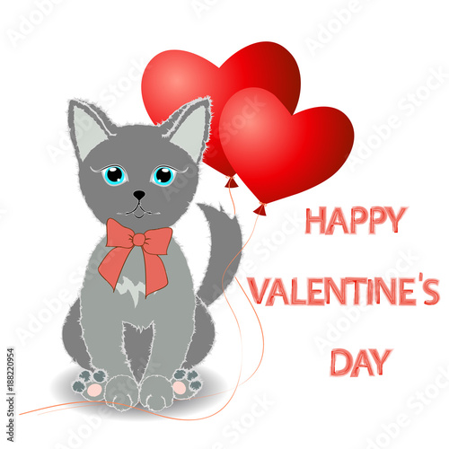 Cute kitten wishes happy Valentine's Day. Two red balloon in the shape of a heart. Illustration. Vector. © 008melisa