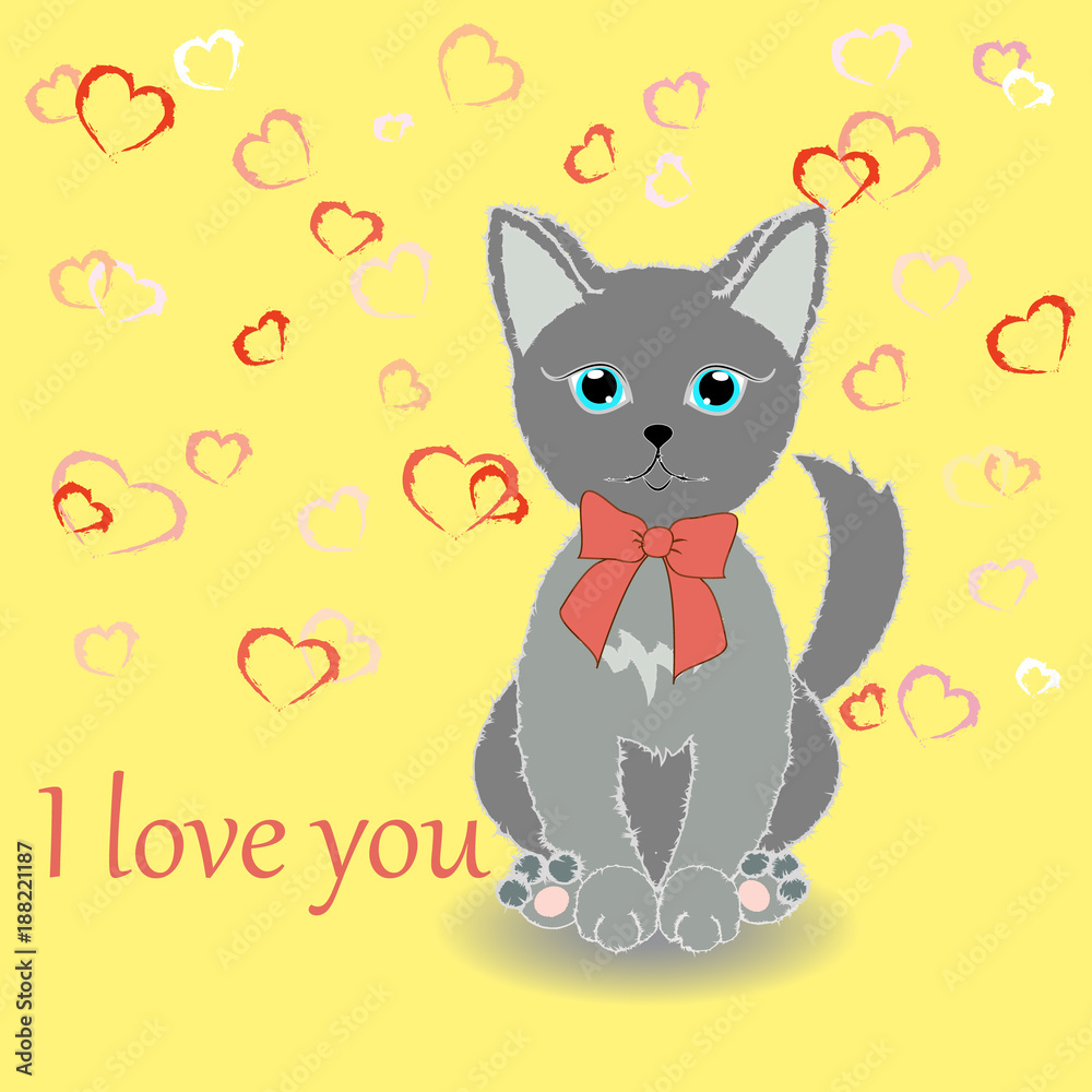 Cute kitten wishes happy Valentine's Day. Text- I love you. Illustration. Vector.