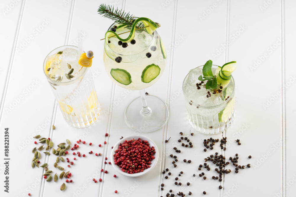 fancy gin and tonic selection drink alcohol cocktail craft fresh fruit spices mint glass bar