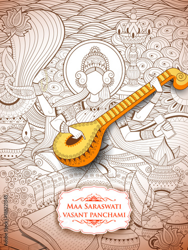 Goddess of Wisdom Saraswati for Vasant Panchami India festival background