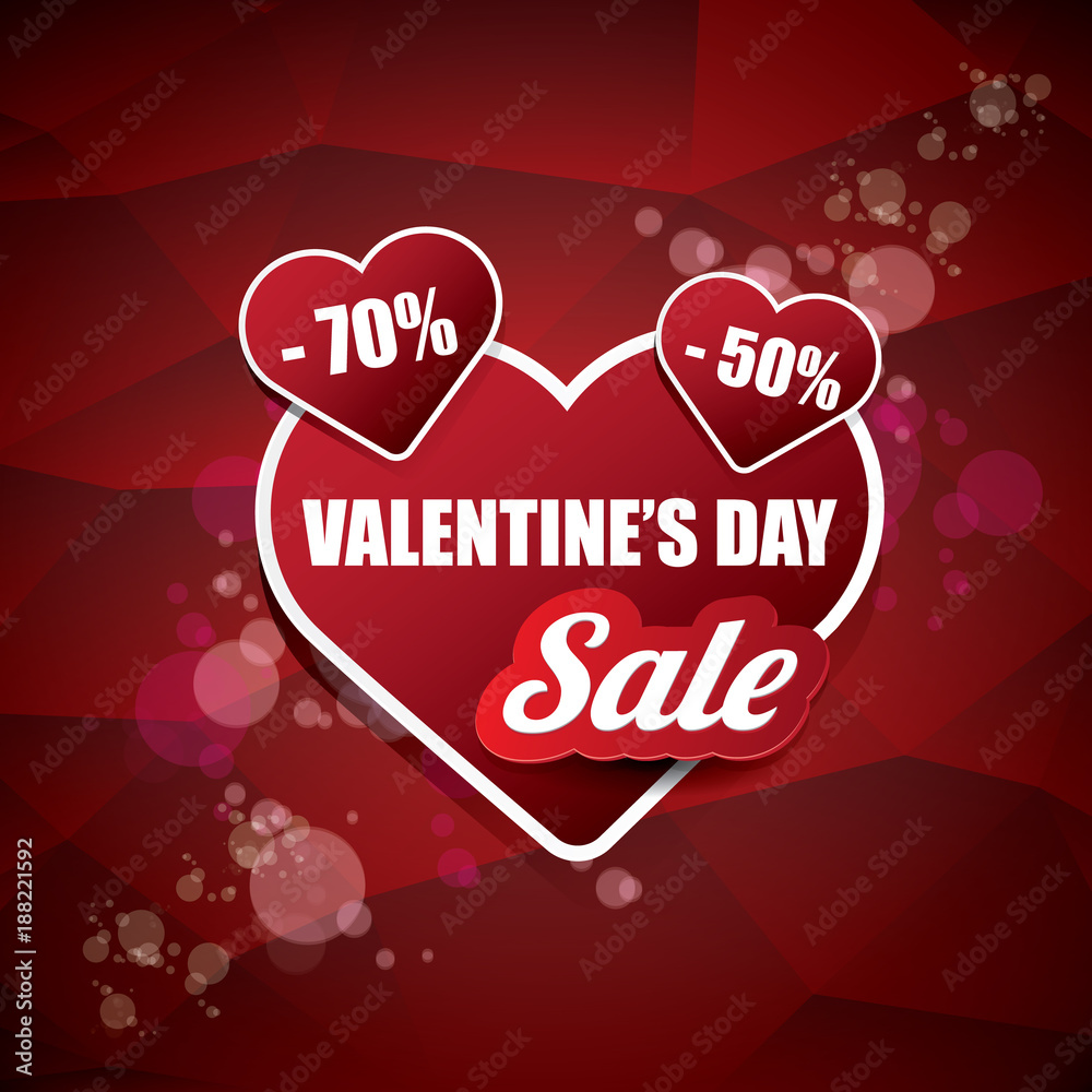 Valentines day heart shape sale label or sticker on abstract red background with blur lights. Vector sales poster or banner design template