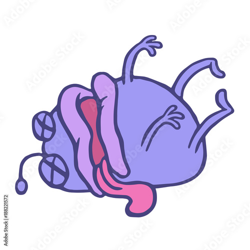Cartoon purple monster lost consciousness. Vector illustration.