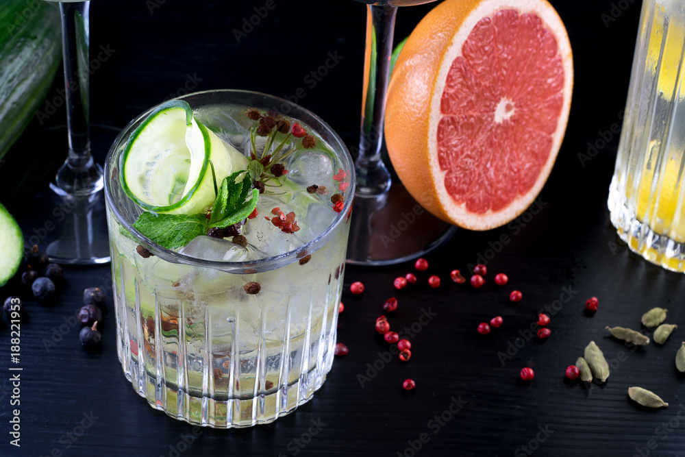 fancy gin and tonic selection drink alcohol cocktail craft fresh fruit spices mint glass bar