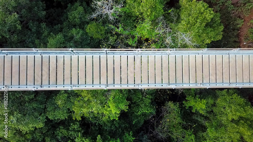 Suspension bridge surrounded by lush green forest - Top down aerial view