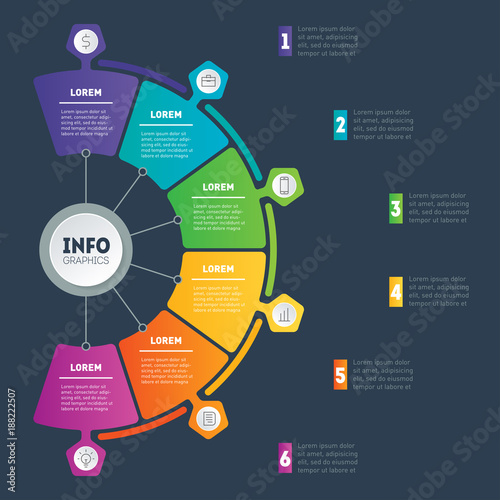 Vector infographics with 6 parts of technology or education process. Business presentation or infographic with 6 options. Web Template of a chart, info graphic, mindmap, annual report or diagram.