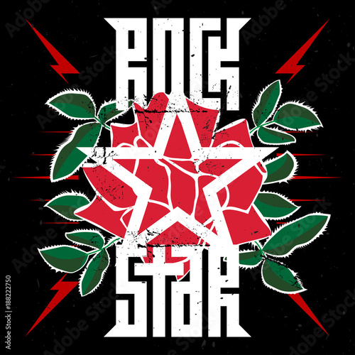 Rock Star - print for women's t-shirt, fashion badge or patch. Rose with Leaves for rock girl gang. Vector design element, sticker. T-shirt apparels cool print for rockstars.