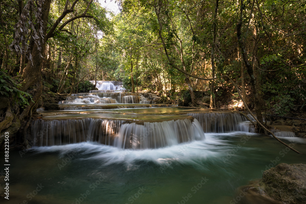 Huay Maekamin Waterfall Tier 1 (Dong Wan or Herb Jungle) in Kanchanaburi, Thailand; photo by long exposure with slow speed shutter