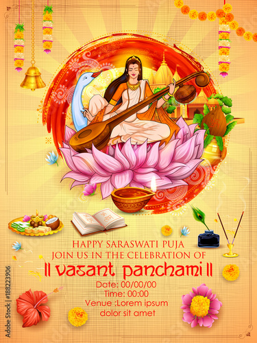 Goddess of Wisdom Saraswati for Vasant Panchami India festival background photo