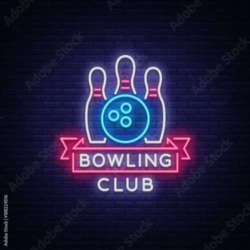 Bowling logo vector. Neon sign, symbol, bright banner advertising bright night bowling, luminous neon billboard. Design a template for the Bowling Club logo. Vector illustration