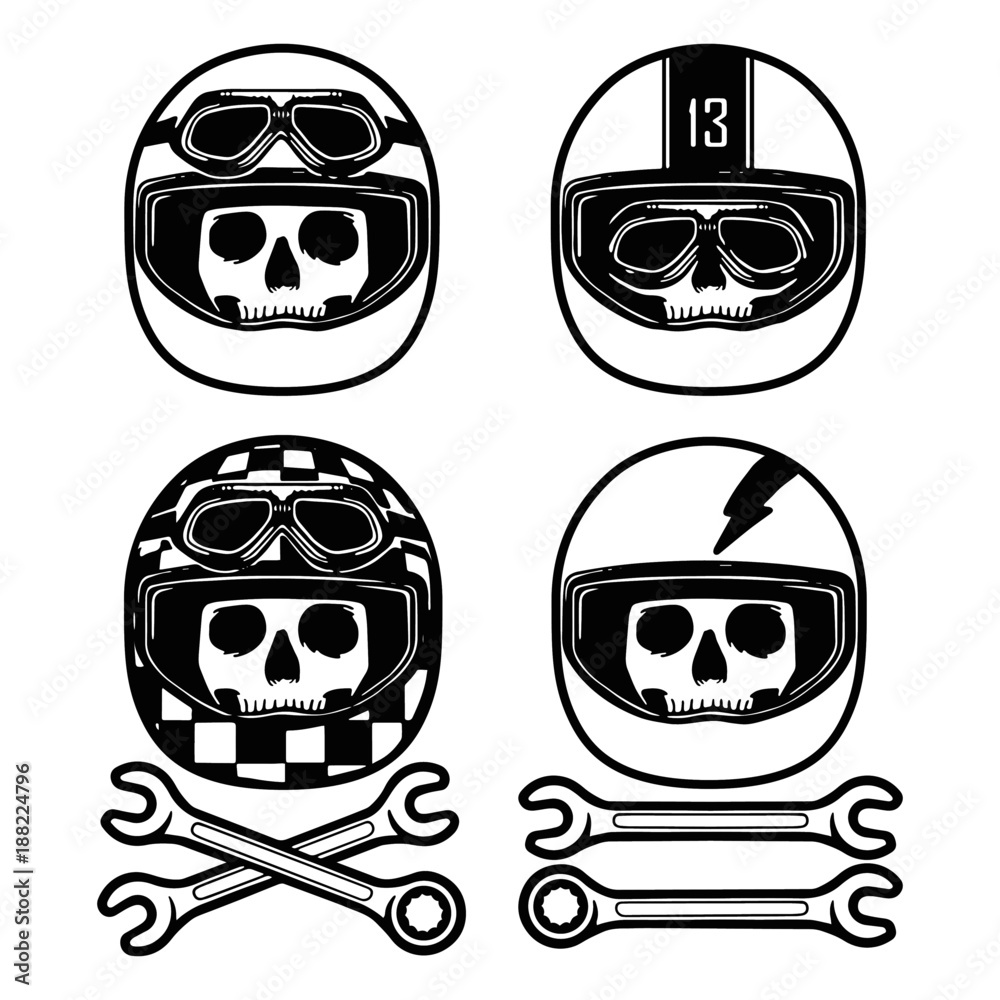 Vector set of monochrome racer skulls
