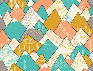 Papier peint photo Paysage patrons Montagnes scandinaves ornements dessinés main  © Utro na more