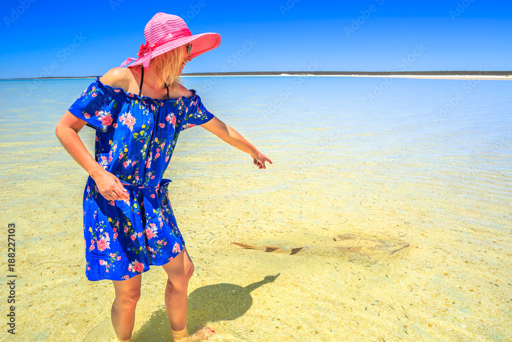 Happy woman pointing at Guitarfish or Rhynchobatus Australia at Shell Beach in Shark Bay Area. A female tourist enjoys the famous beach covered with shells of Western Australia, near Denham.