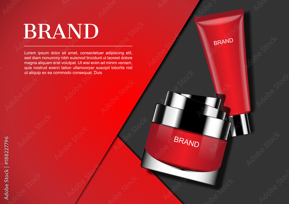 Cosmetic set on red and black geometric background