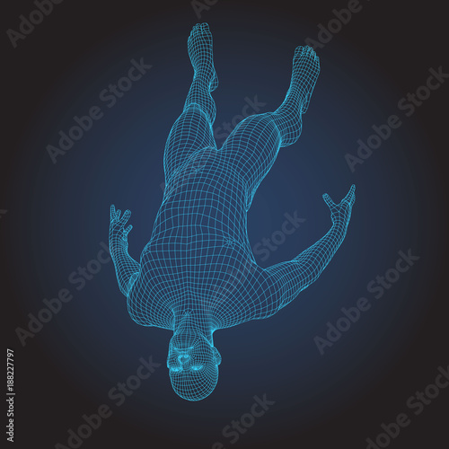 3D wire frame human body. Jumping Fall figure