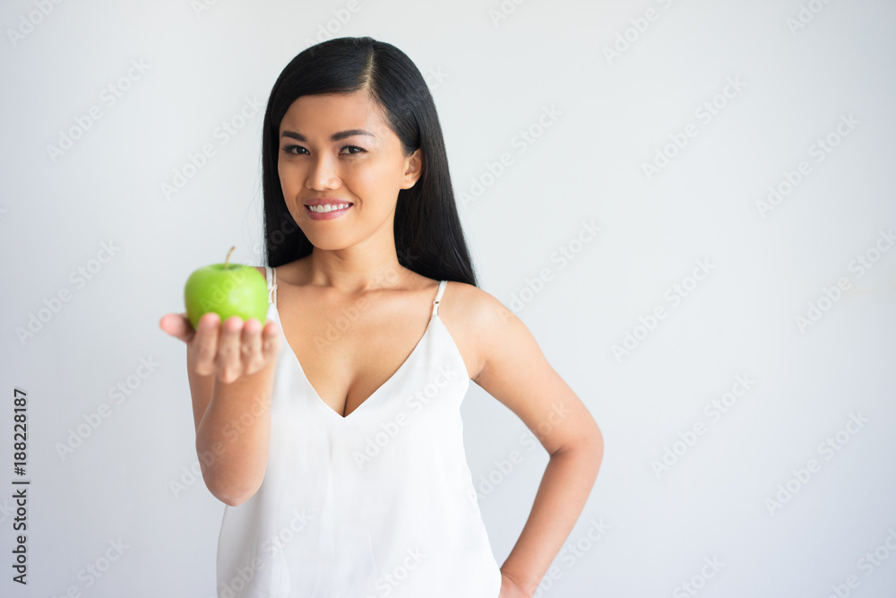 Smiling Beautiful Asian Woman Holding Green Apple Smiling Beautiful Asian Woman Holding Green Apple
