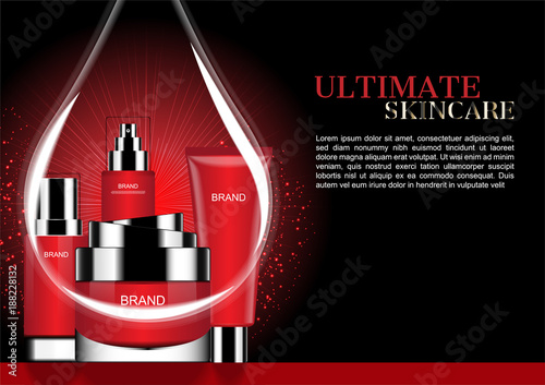 Transparency water drop with beauty products  and template on black background