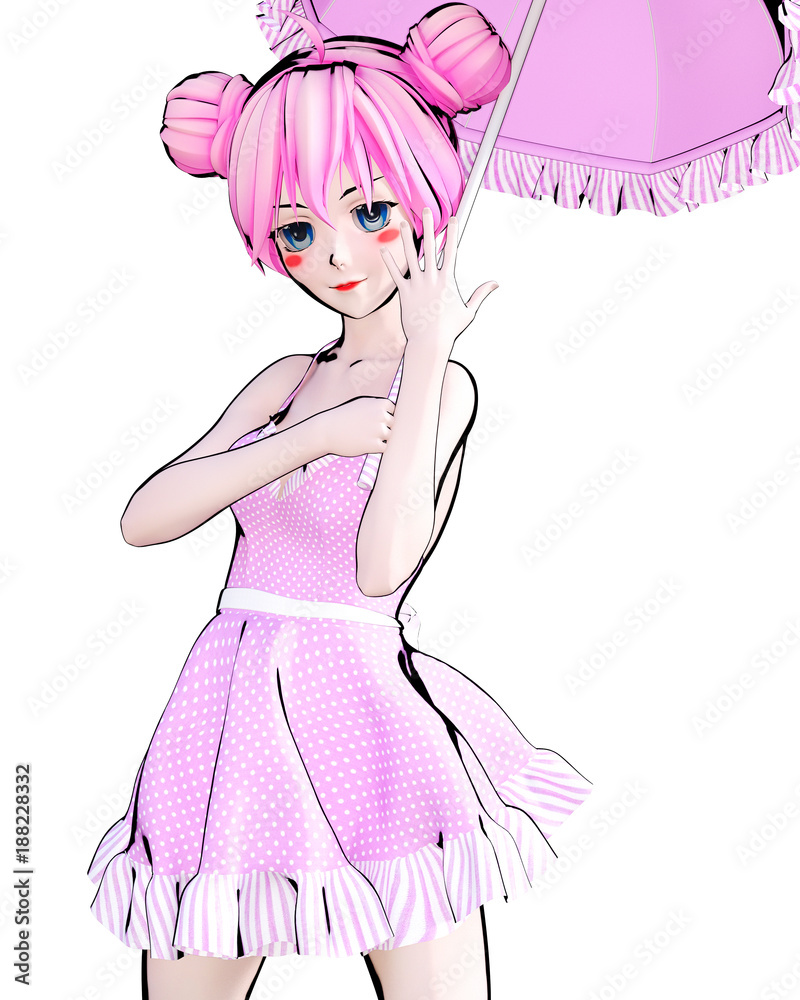 Fototapeta premium 3D sexy anime doll girl big blue eyes and bright makeup. Pink dress. Cartoon, comics, sketch, drawing, manga illustration. Conceptual fashion art. Seductive candid pose.