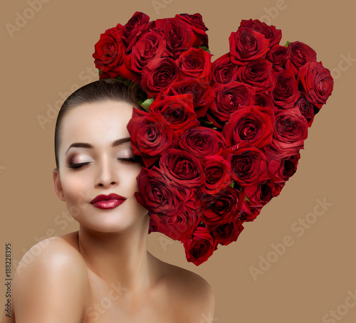 Beautiful model woman rose flower in hair heart shape beauty salon makeup Young modern girl luxurious Lady make up red lipstick lips Products Treatment concept  love flirt Valentine's Day