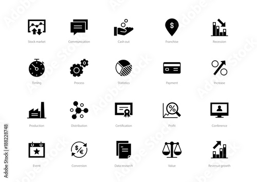 Set of black solid business icons isolated on light background. Contains such icons Production, Certification, Process, Event, Profit and more.