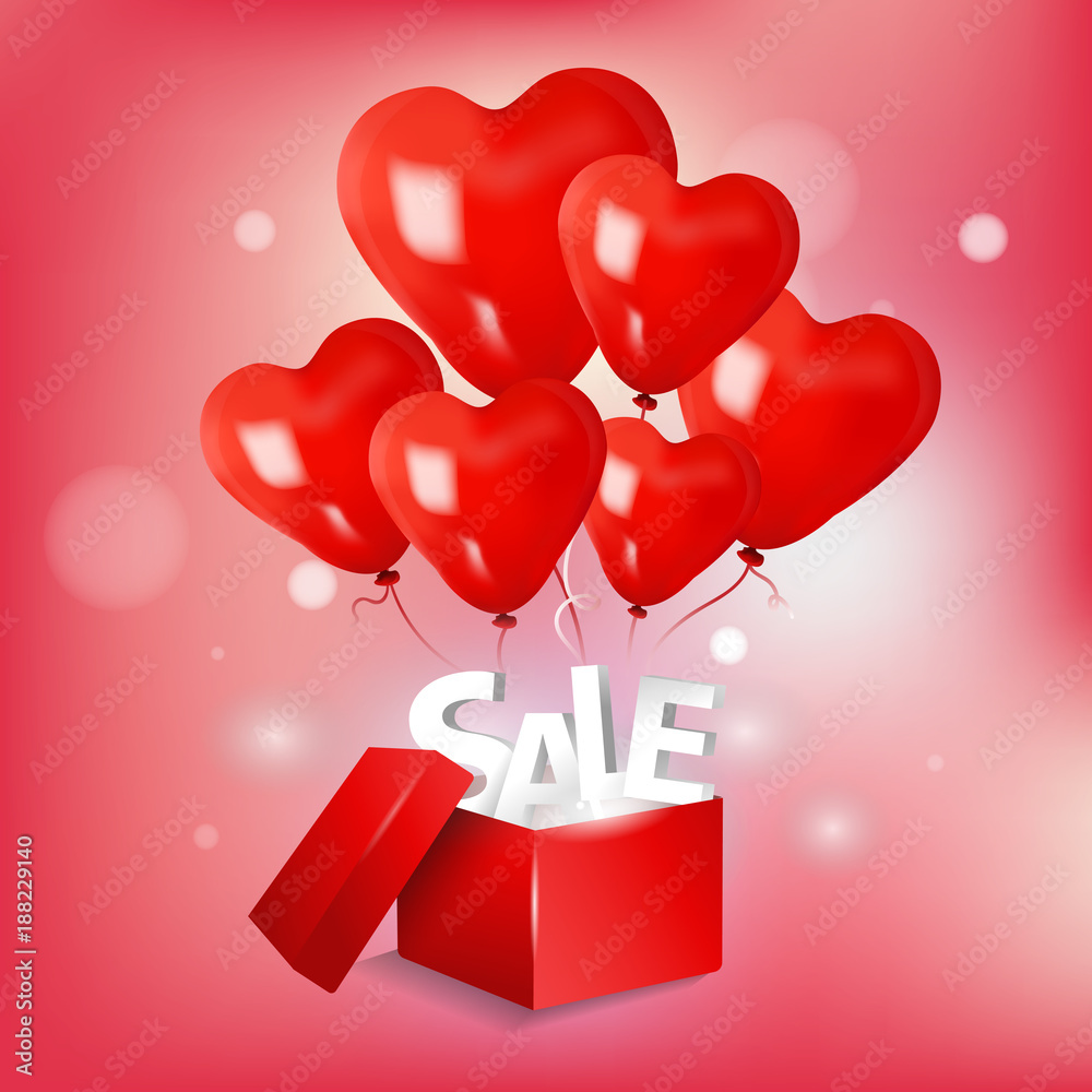 Open sale box with 3d red heart balloon on light background. Valentine sale promotion.