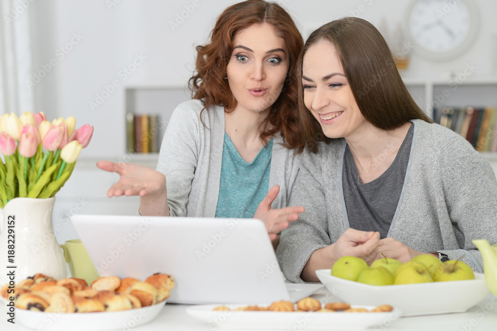 two young women using laptop 