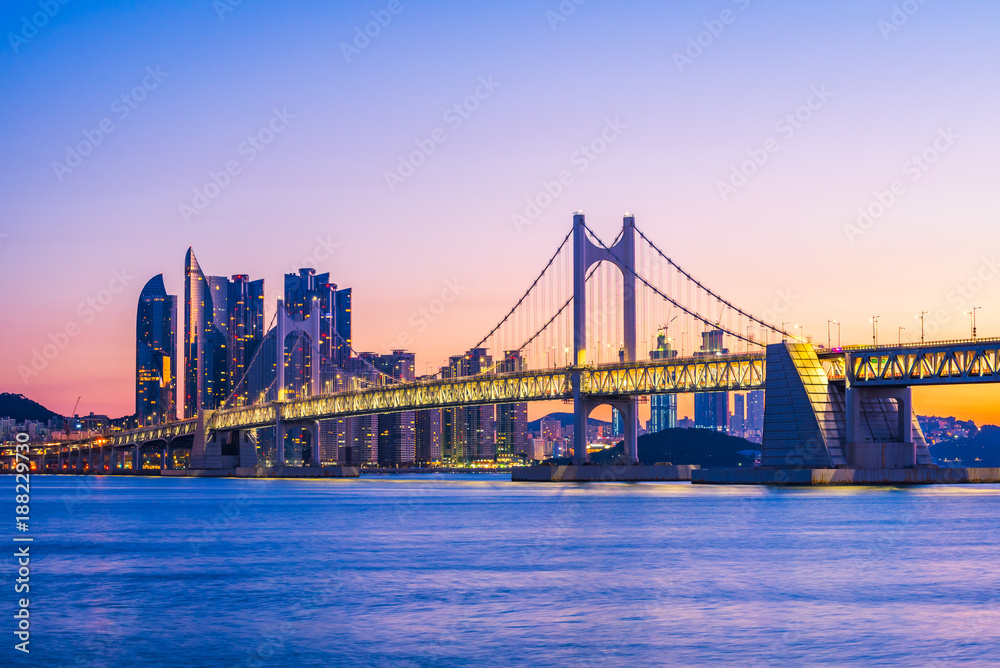 Gwangan Bridge and Haeundae at Sunrise, Busan City, South Korea