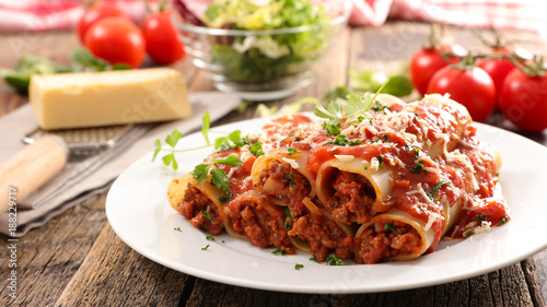 cannelloni with beef and tomato sauce photo