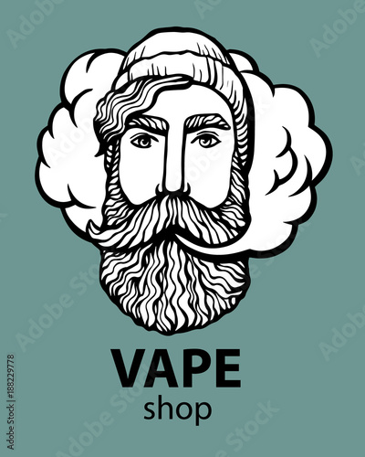 Hipster with vape and cloud. isolated vaper men on black vector background. Hand-drawn hipster dude with mustache and beard. Electronic Cigarette. Vector. Sticker