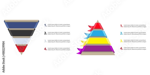 Sales / Conversion funnel and Hierarchy of Needs Pyramid. Cones with 4 ribbons on a white background. Abstract infographics.