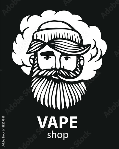 Hipster with vape and cloud. isolated vaper men on black vector background. Hand-drawn hipster dude with mustache and beard. Electronic Cigarette. Vector. Sticker