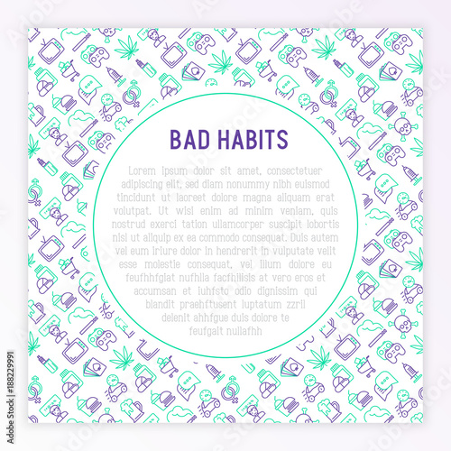 Bad habits concept with thin line icons set: abuse, alcoholism, cigarette, marijuana, drugs, fast food, poker, promiscuity, tv, video games. Modern vector iilustration for banner, print media.