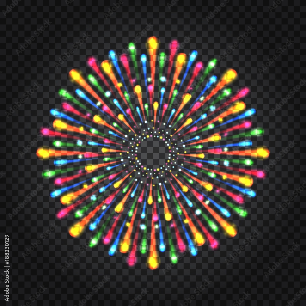 Transparent Fireworks on dark background. Multicolor firecracker. Vector design element.