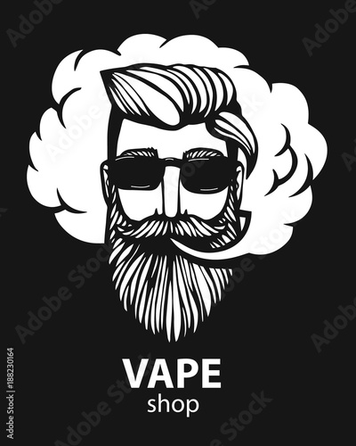 Hipster with vape and cloud. isolated vaper men on black vector background. Hand-drawn hipster dude with mustache and beard. Electronic Cigarette. Vector. Sticker