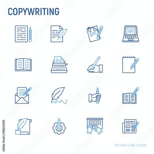Copywriting thin line icons set: letter, e-mail, book, blogging, hand with pen, feather, typewriter, article, seo. Modern vector illustration.