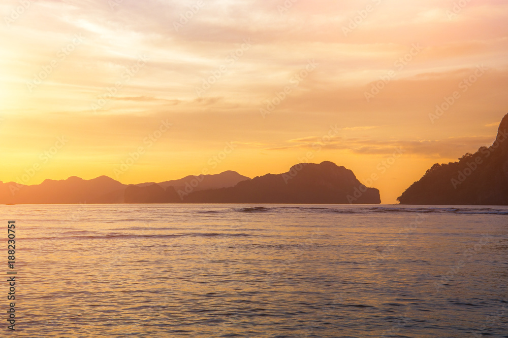 Helicopter island view at beautiful sunset on El Nido bay, Palawan island, Philippines