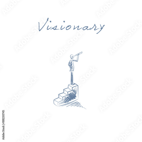Business leadership concept vector with businessman looking through a telescope at aim, goal, objective. Corporate symbol hand drawn sketch.