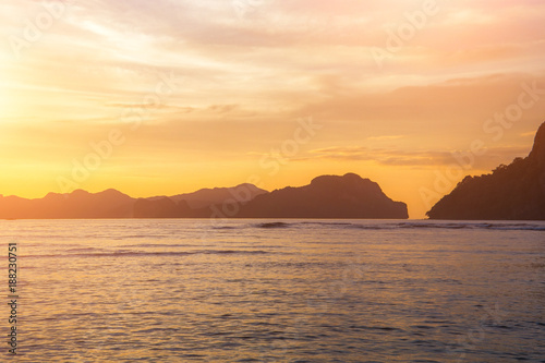 Helicopter island view at beautiful sunset on El Nido bay  Palawan island  Philippines