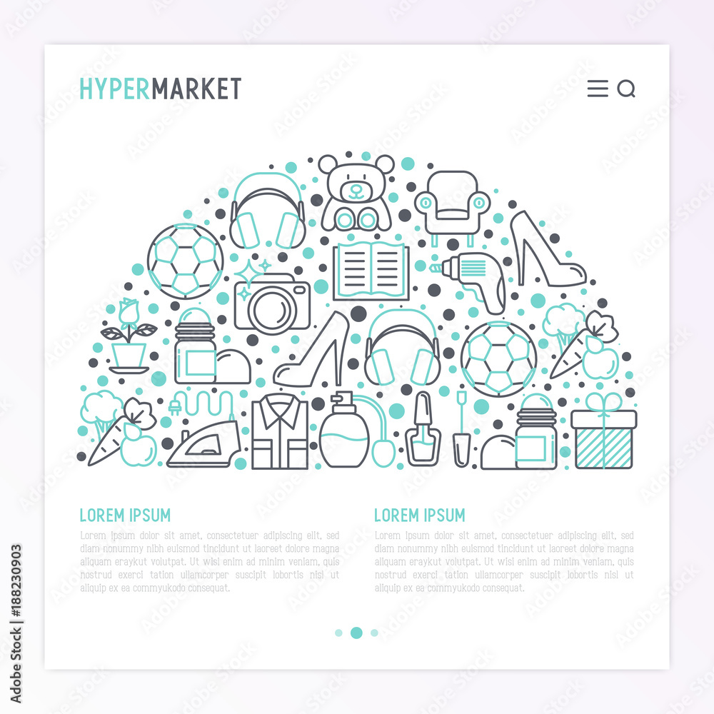 Hypermarket concept in half circle with thin line icons: apparel, sport equipment, electronics, perfumery, cosmetics, toys, food, appliances. Modern vector illustration for web page template.