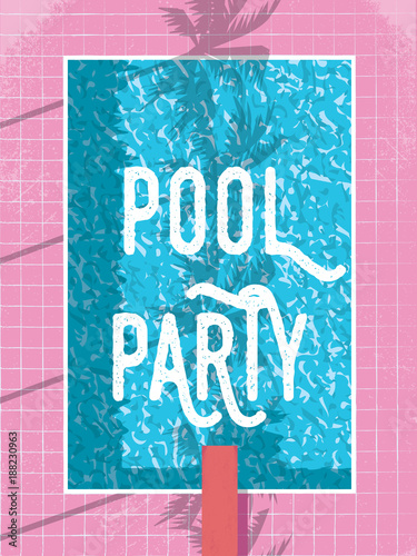 Summer pool party invitation or poster template with vintage retro swimming pool and jump. Summer vacation, holiday, relaxation, leisure concept.
