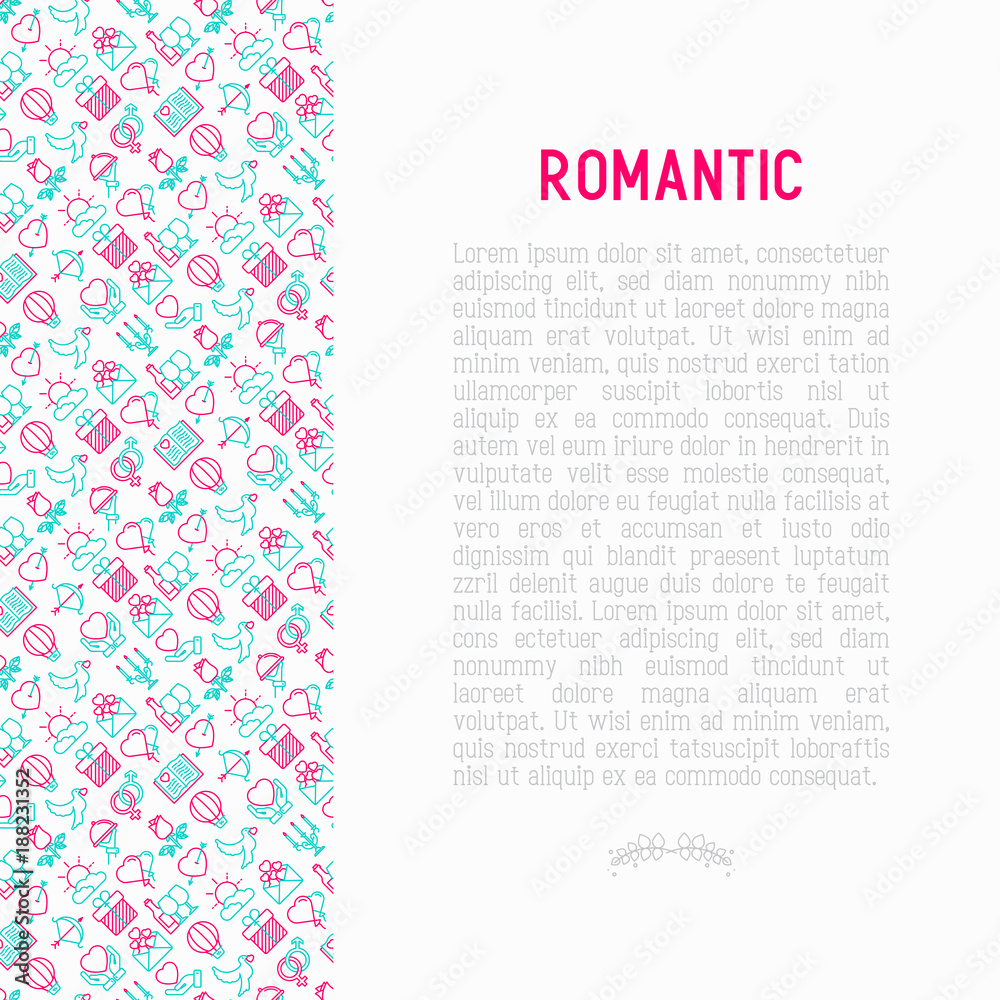 Romantic concept with thin line icons, related to dating, honeymoon, Valentine's day. Modern vector illustration, web page template. Romantic concept with thin line icons, related to dating, honeymoon, Valentine's day. Modern vector illustration, web page template.