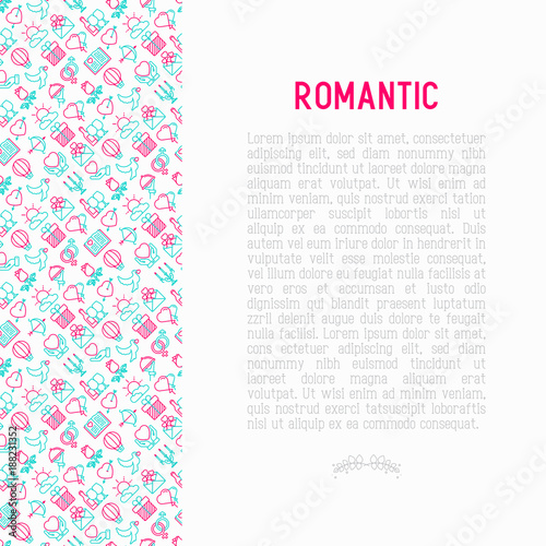 Romantic concept with thin line icons, related to dating, honeymoon, Valentine's day. Modern vector illustration, web page template.