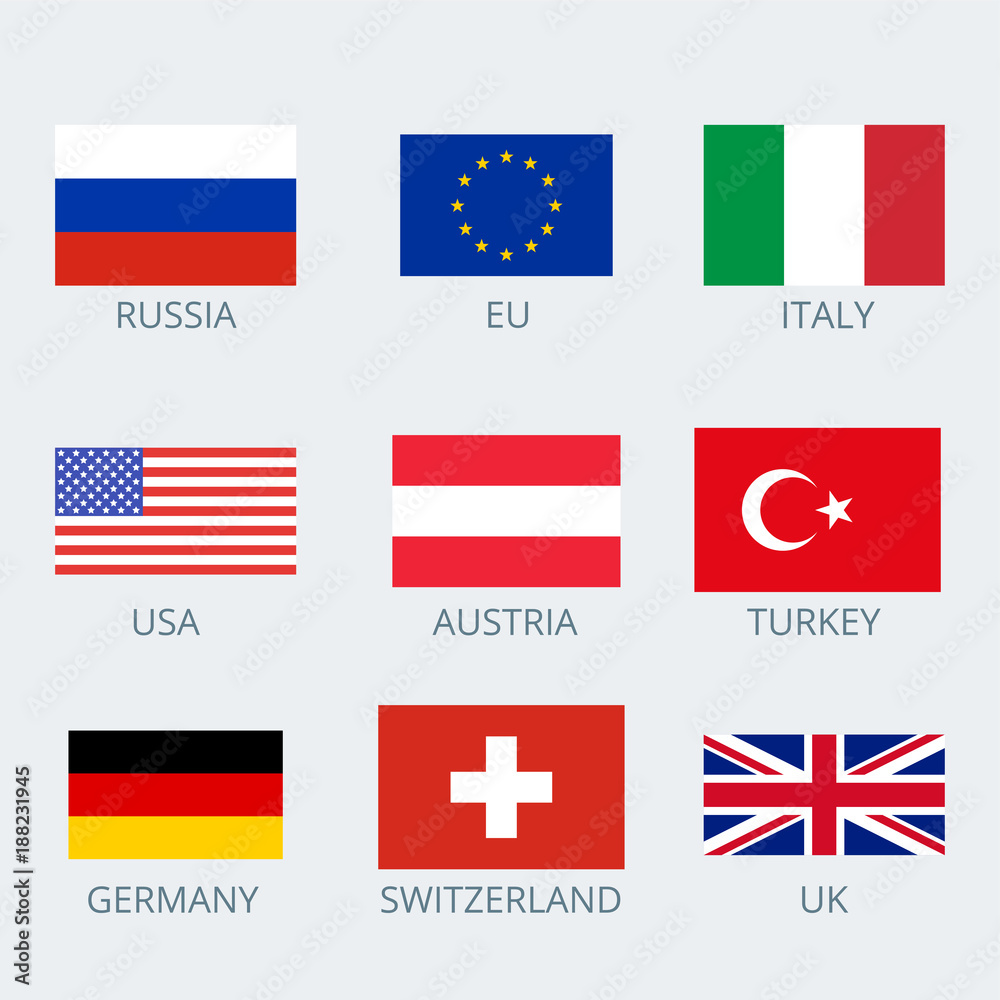 Icons set of various country's flags. Collection flags of Russia, European Union, Italy, Germany, Austria,  Turkey, USA, UK and Switzerland. Vector illustration