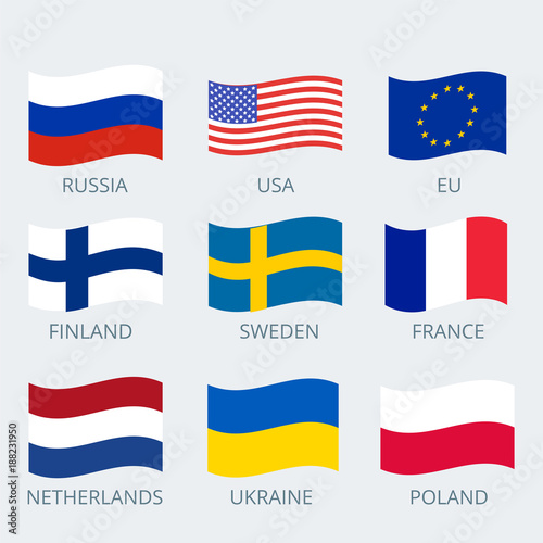 Free Download Icons set of various country's flags. Collection flags of Russia, European Union, Finland, Sweden, France,  Netherlands, USA, Ukraine and Poland. Vector illustration - GFXLoad