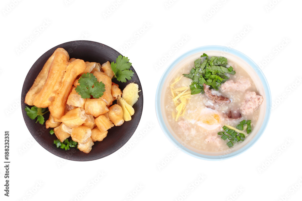 Rice porridge with boiled egg ,Minced pork ,chicken liver, Ginger, onion and coriander served with Patongko ,deep-fried dough stick. Rice porridge with boiled egg ,Minced pork ,chicken liver, Ginger, onion and coriander served with Patongko ,deep-fried dough stick.
