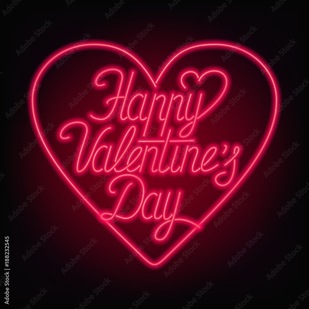 Happy Valentines Day text. Vector neon sign on a dark background. Valentine's card.