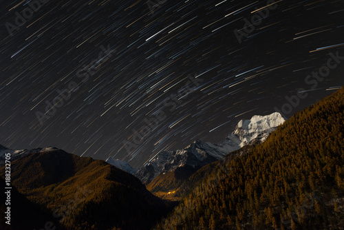 Pine forest mountain range in autumn season with snow peak and spot light from Chonggu Monastery in night sky with startails at Yading National Park,  Daocheng, Sichuan, China photo