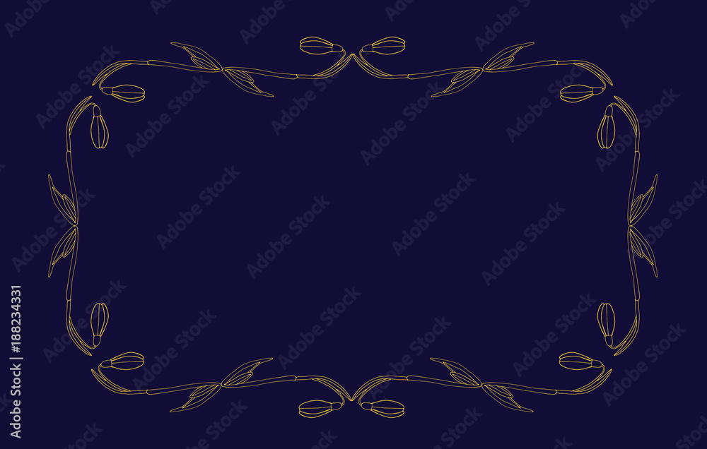 Hand drawn snow flowers vector card template dark blue and golden colors